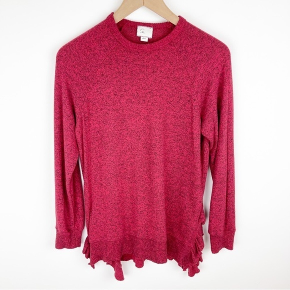 Anthropologie Postage Stamp Red Ruffle Hem Sweater Size Extra Small